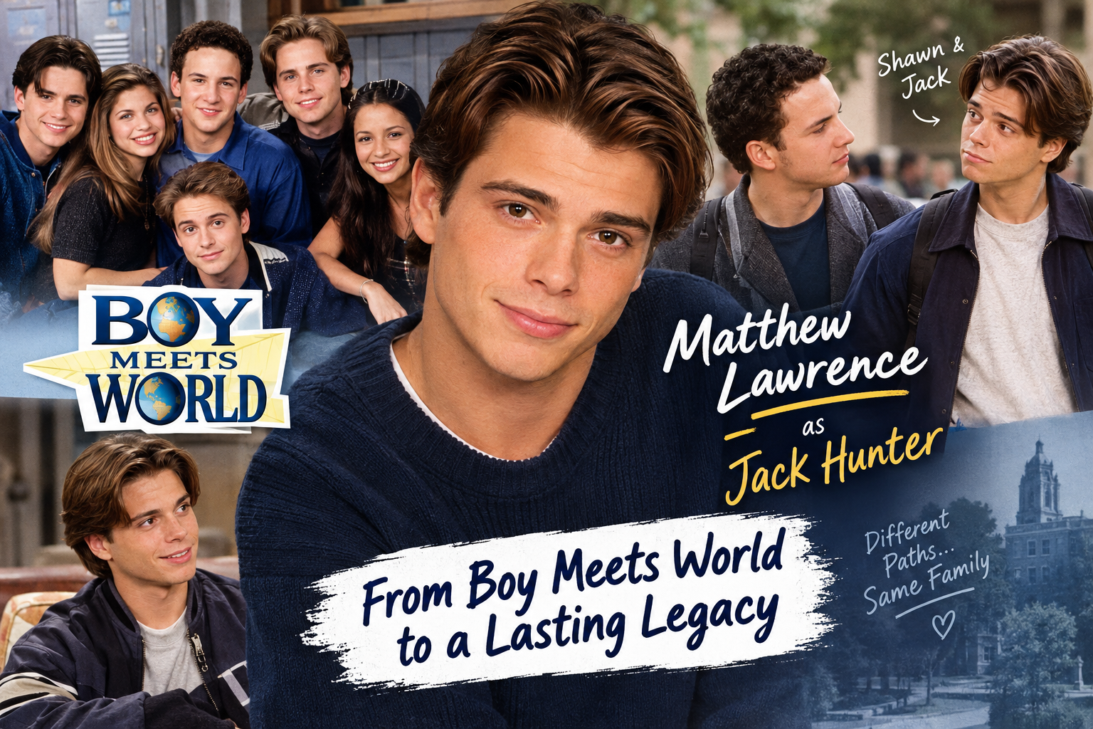 Matthew Lawrence as Jack Hunter from Boy Meets World featured in a nostalgic cast collage highlighting his character, Shawn Hunter, and the lasting legacy of the popular 1990s TV series.