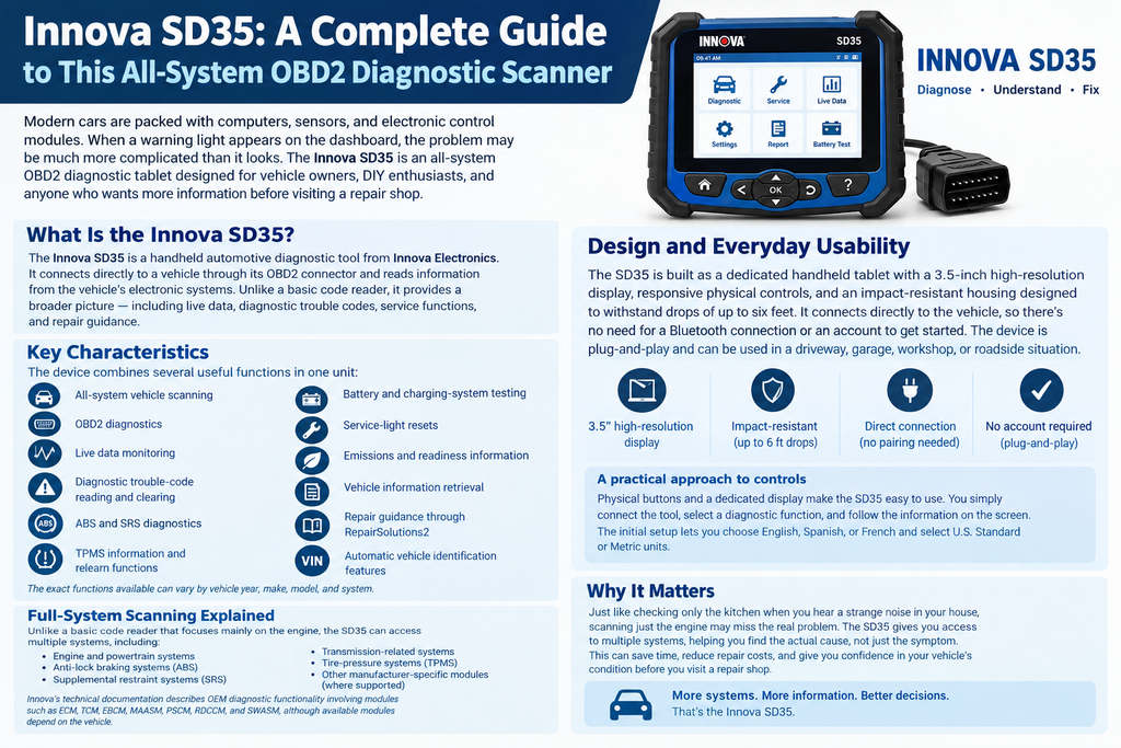 Innova SD35 all-system OBD2 diagnostic scanner displaying vehicle diagnostic information, live data, trouble codes, ABS, SRS, TPMS, and service functions.